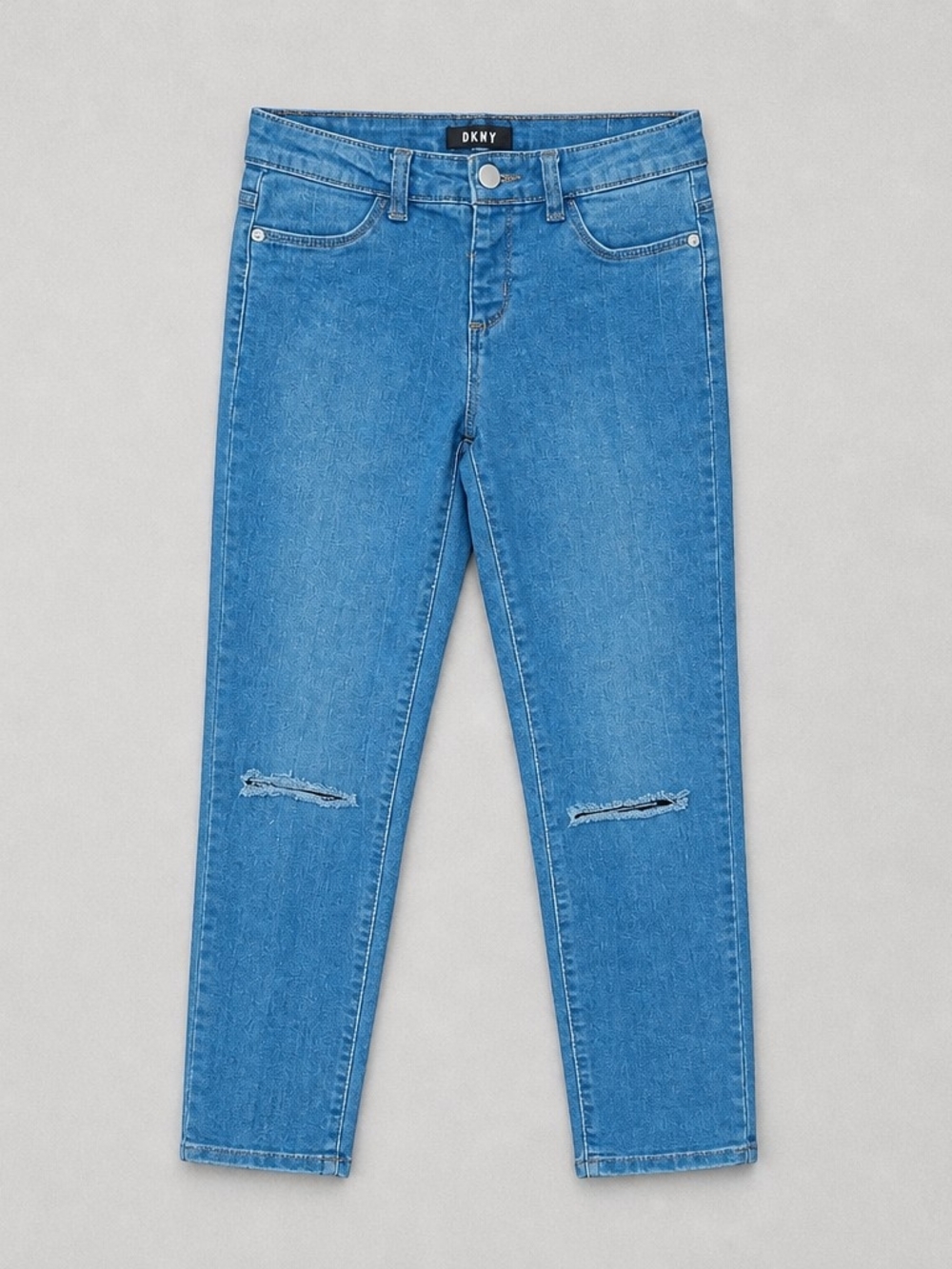 DKNT Girls Blue Distressed Slim Jeans. Light Stretch. Straight Leg.